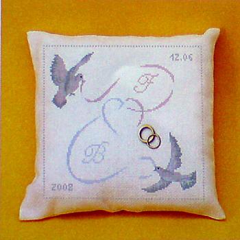 Coussin de mariage : les oiseaux au ruban couleur